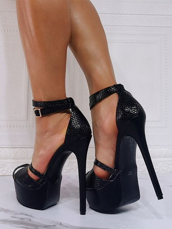 女性用ブラックヒールサンダルスティレットヒールオープントゥPUレザーハイヒール