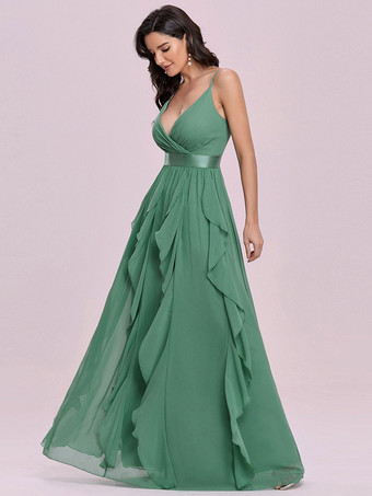 グリーンウエディングドレスAラインVネックノースリーブバックレスサッシュ床の長さシフォンウェディングゲストドレス