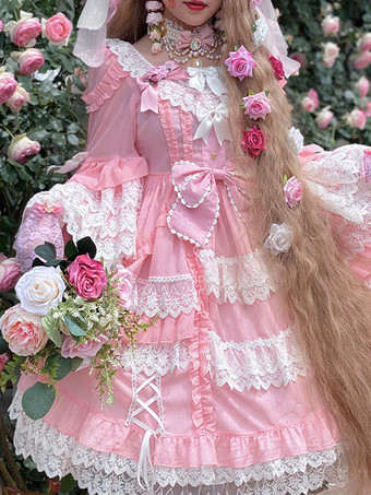 Sweet Lolita OP Dress Chiffon Long Sleeves Bows Ruffles Lace Up Pink Lolita One Piece Dress