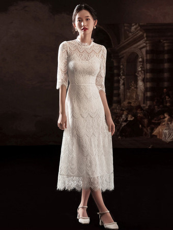 White Simple Short Wedding Dress A-Line Jewel Neckline Half Sleeves Lace Tea Length Bridal Gowns Free Customization