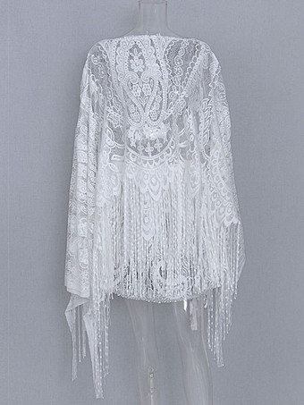 ツーピースセット カバーアップ ホワイト レース Vネック 長袖 夏 ビーチウェア レディース 2025