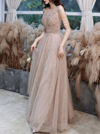 シャンパンイブニングドレスAラインVネックノースリーブレースアップチェーンの床の長さのソーシャルパーティードレス