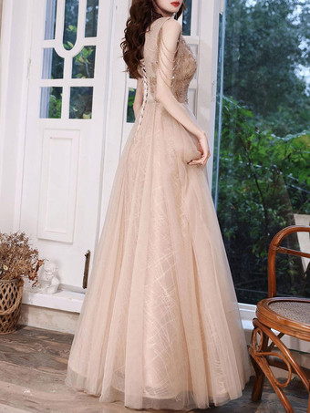 シャンパンイブニングドレスAラインVネックノースリーブレースアップチェーンの床の長さのソーシャルパーティードレス