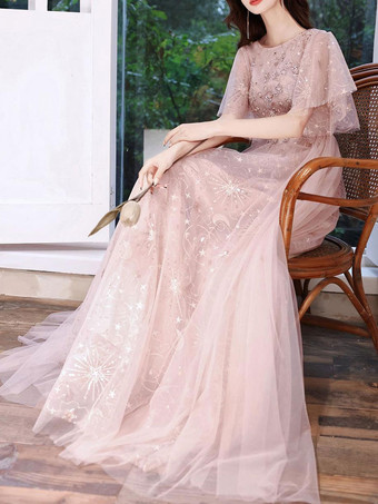 カメオブラウンイブニングドレスAラインジュエルネックハーフスリーブ床長レースアップフォーマルディナードレス