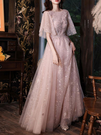 カメオブラウンイブニングドレスAラインジュエルネックハーフスリーブ床長レースアップフォーマルディナードレス