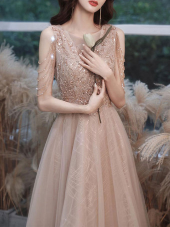 シャンパンイブニングドレスAラインVネックノースリーブレースアップチェーンの床の長さのソーシャルパーティードレス