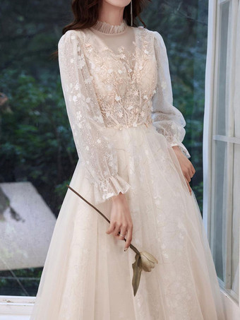 イブニングドレスシャンパンAラインジュエルネック長袖レースのスパンコールの床の長さのフォーマルパーティードレス