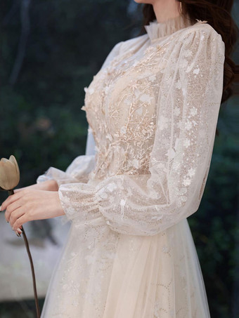 イブニングドレスシャンパンAラインジュエルネック長袖レースのスパンコールの床の長さのフォーマルパーティードレス