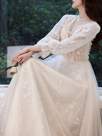 イブニングドレスシャンパンAラインジュエルネック長袖レースのスパンコールの床の長さのフォーマルパーティードレス