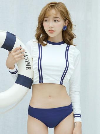 Sweet Swimsuits 2-Piece Set Navy Style Ruffles Long Sleeves White Lolita  Cute Bathing Suits for Women