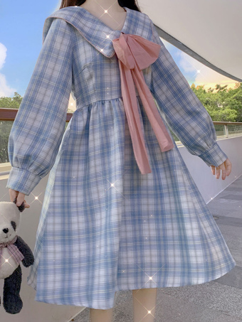 Sweet Lolita OP Dress Polyester Long Sleeves Bows Plaid Pattern Casual Lolita One Piece Dress