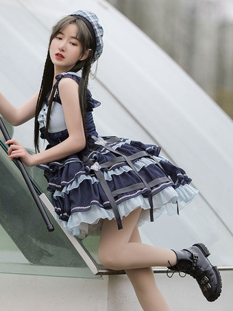 甘いロリータJSKドレス2セット ブルーネイビーツートーン パターンフリルジャンパースカート オーバーコート アイドルロリータドレス