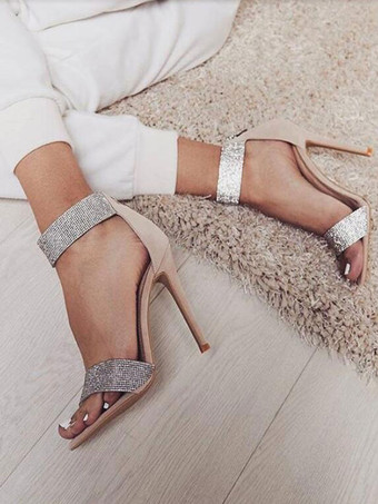 イブニングシューズ サンダル アンクルストラップヒール ウエディングシューズ キラキラ 女性