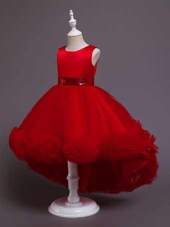 レッド グリーンフラワーガールドレスジュエルネックノースリーブボウチュールポリエステルポリエステルコットンスパンコールキッズパーティードレス