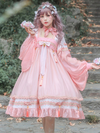 Abito Lolita OP in stile cinese Abito con frange rosa Fiocchi a maniche lunghe in poliestere Casual Lolita One Piece