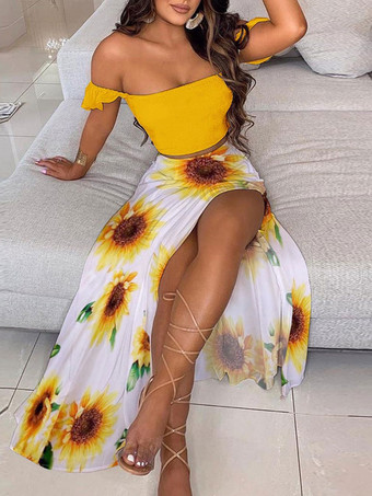 イエロー黄色ポリエステル分割フロントプリーツ花柄の孔雀夏の半袖スカートの服の服を切り離す