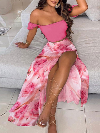 ピンク黄色ポリエステル分割フロントプリーツ花柄の孔雀夏の半袖スカートの服の服を切り離す