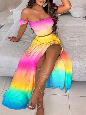 グラデーションカラー黄色ポリエステル分割フロントプリーツ花柄の孔雀夏の半袖スカートの服の服を切り離す