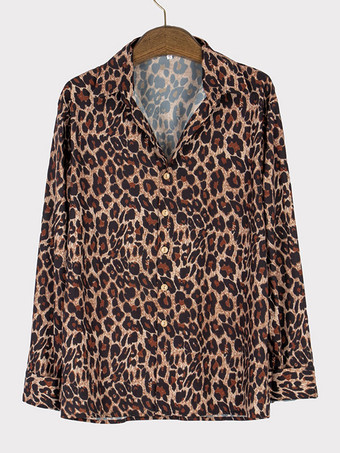 Chemise Décontractée Col Rabattu Simple Imprimé Léopard Café Marron