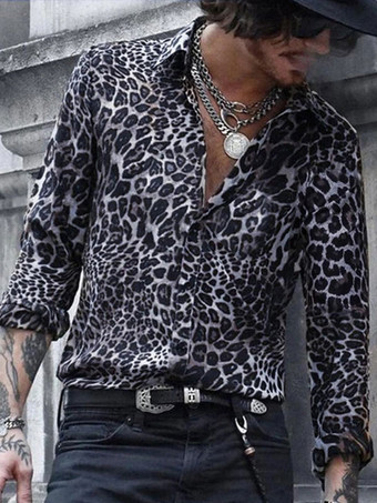 blanc Chemise Décontractée Col Rabattu Simple Imprimé Léopard Café Marron