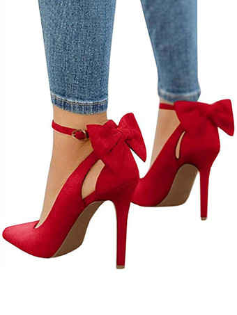 レッド 女性用パンプスアンクルストラップポインテッドトゥスティレットヒールボウシックブルゴーニュ