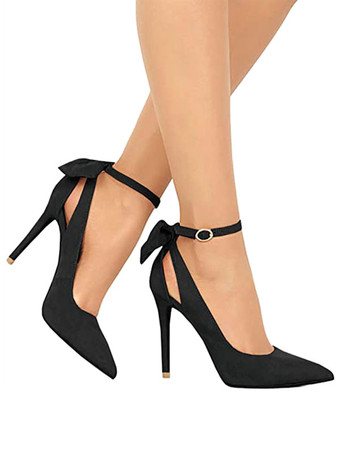 ブラック 女性用パンプスアンクルストラップポインテッドトゥスティレットヒールボウシックブルゴーニュ