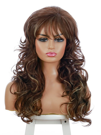 女性の長いかつらフラックスセンター別れ耐熱繊維シックな乱れた長い合成かつら