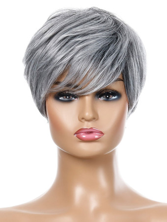 シルバー 合成ウィッグシルバーストレート耐熱繊維乱れたショートレディースレディースショートウィッグ