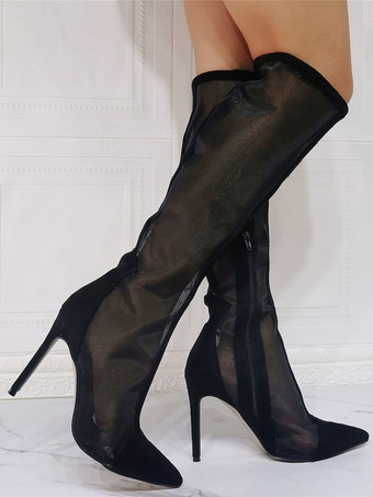 ブラックサマーブーツポインテッドトゥスカイハイスティレットヒールメッシュマイクロスエードニーハイブーツ