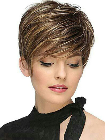 合成ウィッグコーヒーブラウンストレート耐熱繊維乱れたショートレディースレディースショートウィッグ
