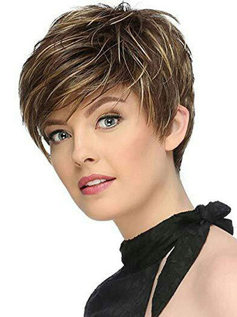 合成ウィッグコーヒーブラウンストレート耐熱繊維乱れたショートレディースレディースショートウィッグ