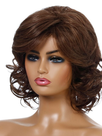 合成ウィッグコーヒーブラウンサイドパーティング耐熱繊維乱れたショートレディースレディースショートウィッグ