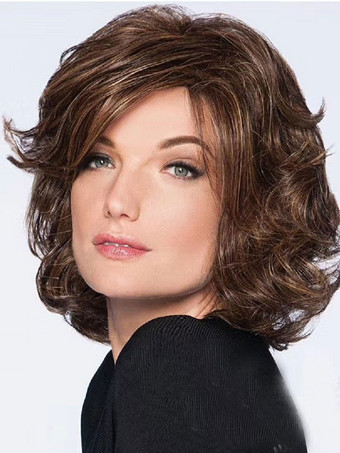 合成ウィッグコーヒーブラウンサイドパーティング耐熱繊維乱れたショートレディースレディースショートウィッグ