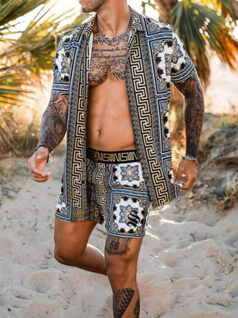 Chemise Hawaïenne Pour Hommes 2 pièces géométriques manches courtes col rabattu bleu