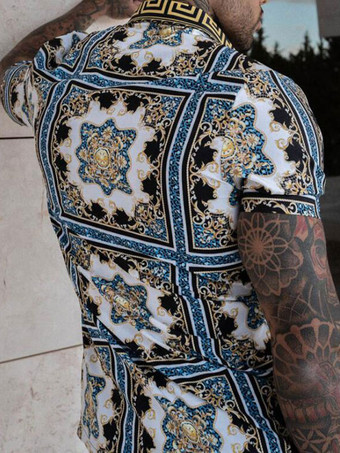 Chemise Hawaïenne Pour Hommes 2 pièces géométriques manches courtes col rabattu bleu