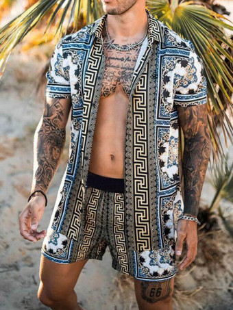 bleu Chemise Hawaïenne Pour Hommes 2 pièces géométriques manches courtes col rabattu bleu