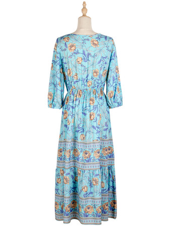 自由奔放に生きるドレスVネックハーフスリーブフローラルプリントストレッチプリーツマキシビーチドレス