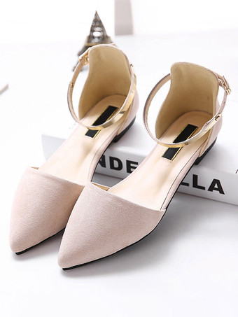 アプリコット女性フラットシューズブルゴーニュ先のとがったつま先クローズドバックメタルディテールアンクルストラップバレリーナフラット