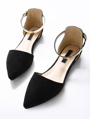 女性フラットシューズブルゴーニュ先のとがったつま先クローズドバックメタルディテールアンクルストラップバレリーナフラット