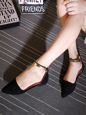 女性フラットシューズブルゴーニュ先のとがったつま先クローズドバックメタルディテールアンクルストラップバレリーナフラット