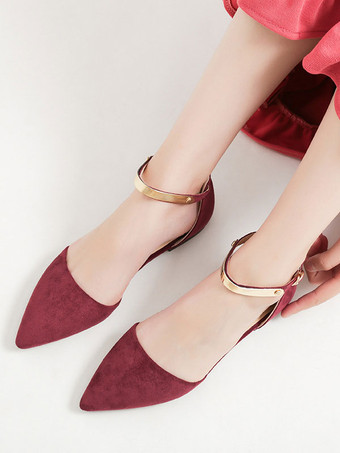 Women Flat Shoes Burgundy Pointed Toe Closed-Back Metal Details Ankle Strap Ballerina Flats