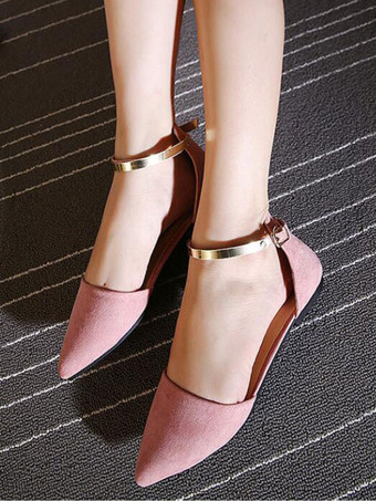 女性フラットシューズブルゴーニュ先のとがったつま先クローズドバックメタルディテールアンクルストラップバレリーナフラット