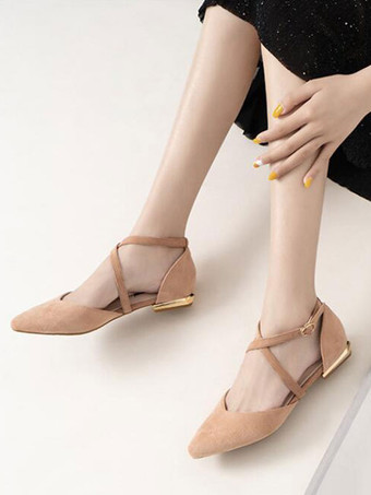 アプリコット女性フラットシューズブルゴーニュ先のとがったつま先クリス-クロスアンクルストラップバレリーナフラット