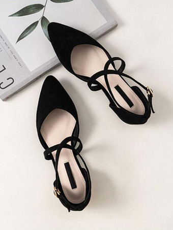 女性フラットシューズブルゴーニュ先のとがったつま先クリス-クロスアンクルストラップバレリーナフラット