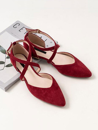 女性フラットシューズブルゴーニュ先のとがったつま先クリス-クロスアンクルストラップバレリーナフラット