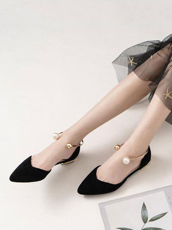 ブラック 女性フラットシューズヌードポインテッドトゥスリッポンメタルディテールアンクルストラップバレリーナフラット