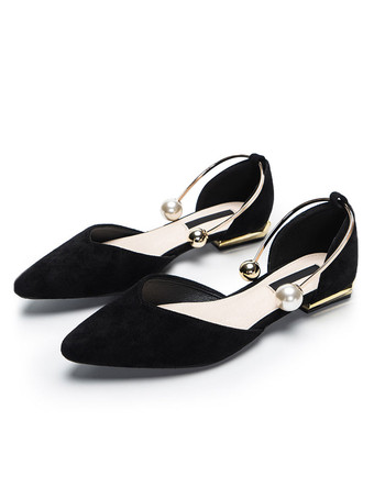 女性フラットシューズヌードポインテッドトゥスリッポンメタルディテールアンクルストラップバレリーナフラット