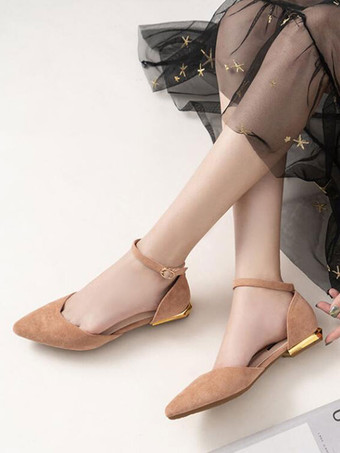 女性フラットシューズヌードポインテッドトゥスリッポンメタルディテールアンクルストラップバレリーナフラット