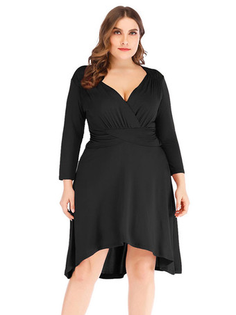 女性のためのプラスサイズのドレス黒のVネック3/4の長さのTシャツの袖膝の長さの特大のドレス