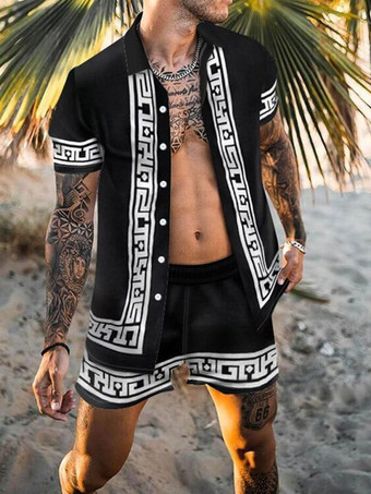 negro Camisa casual para hombre Cuello vuelto Camisas de hombre negras impresas ocasionales